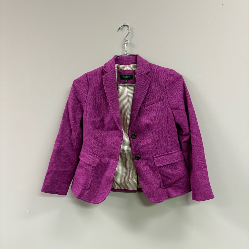 Talbots Womens Magenta Pink Herringbone Wool Blend 2 Button Blazer Jacket Size 2